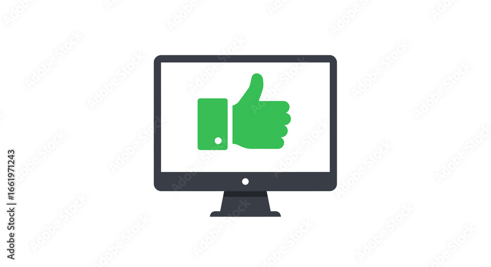 Poster thumbs up icon on computer screen displaying positive feedback in minimalist design