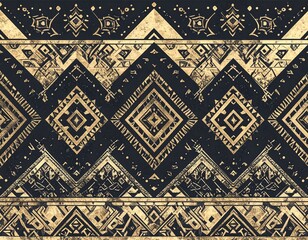 Seamless Aztec inspired pattern, modern geometric tribal motifs, clean vector design, black and gold stylish repeat
