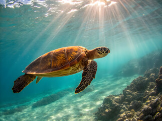 Obraz premium Majestic sea turtle swimming through sunlit ocean depths water marine