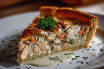 Delicious slice of homemade chicken pot pie served on a white plate with herbs on a wooden table