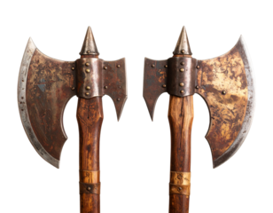 Double Headed Battle Axe with Weathered Metal Blades and Wooden Handle PNG