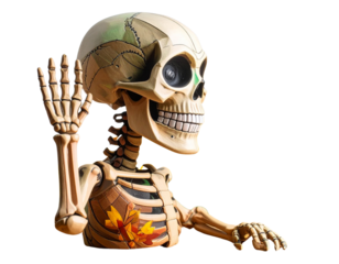 Friendly Cartoon Skeleton Sitting and Waving Isolated on Transparent Background PNG