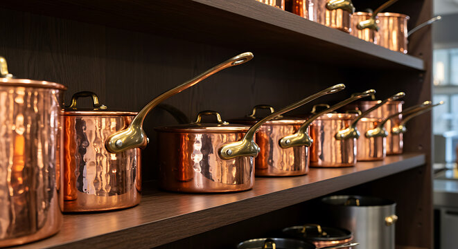 Set of shiny copper pots on a gourmet kitchen shelf