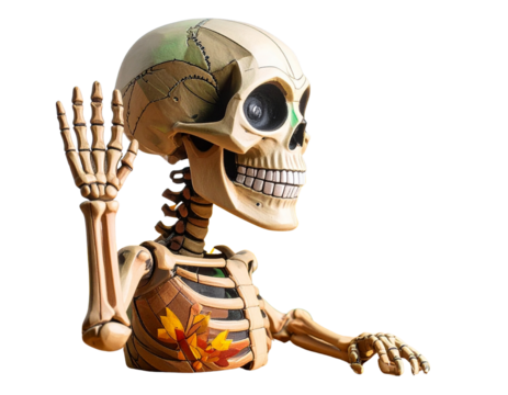 Friendly Cartoon Skeleton Sitting and Waving Isolated on Transparent Background PNG