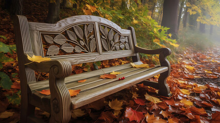 Ornate Carved Wooden Bench in a Serene and Foggy Autumn Forest with Colorful Fallen Leaves.