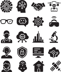 Modern flat vector icon set featuring artificial intelligence, machine learning, big data, cloud computing, and innovation technology. Great for apps, UI, infographics, and presentations.