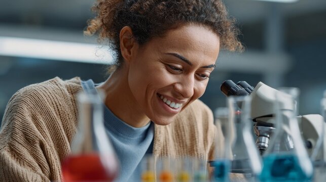 Happy African American girl examines samples using a microscope in a science laboratory during a sunny afternoon