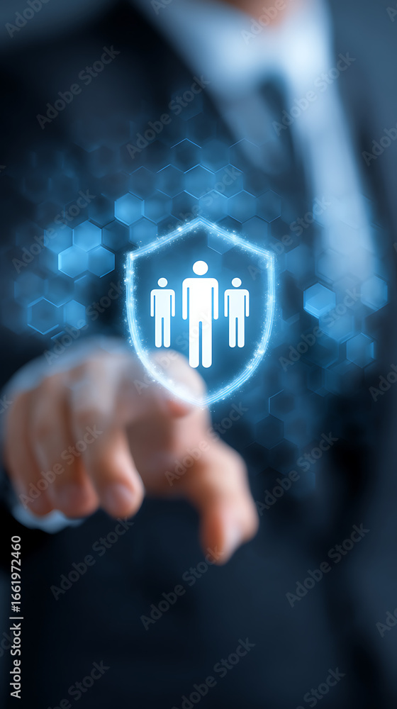 Poster finger pointing at digital shield with three figures and hexagonal pattern hand businessman
