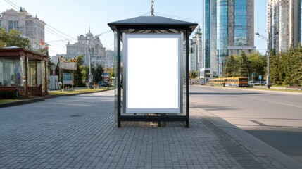 Urban bus stop with blank white billboard mockup for advertisement. City street with roadside shelter, pavement, tiles. Nobody around. Perfect for commercial, advert, advertising promotion