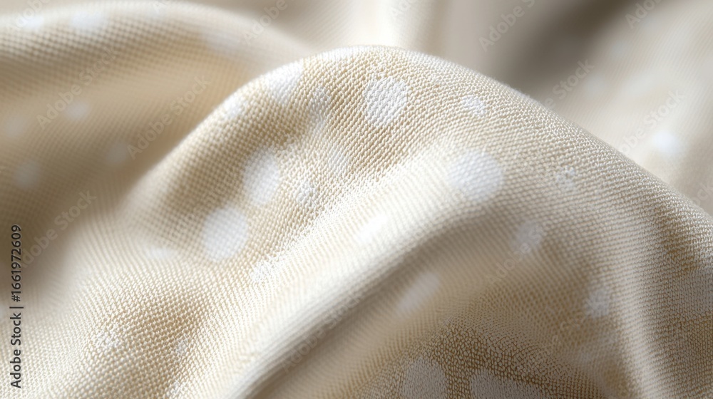 Poster close-up of textured beige fabric with subtle polka dot patterns for interior design and fabric proj