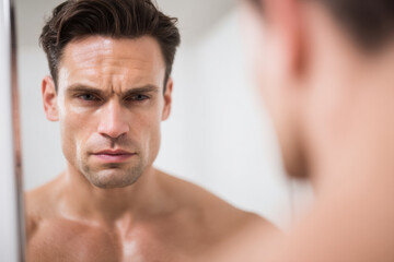 Obraz premium young man with tense neck during isometric workout in front of mirror deeply focused