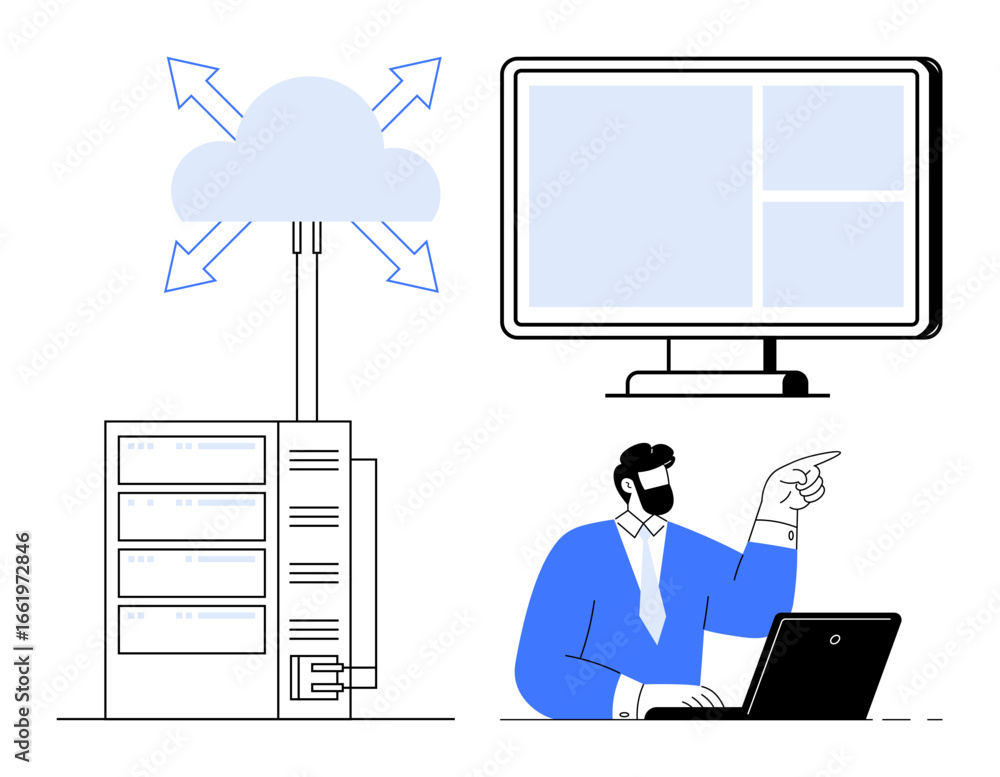 Poster server connected to cloud storage with arrows, large screen monitor, and a professional using a lapt