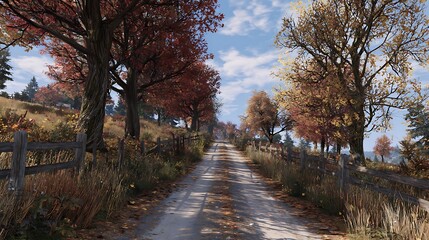 Fototapeta premium A dirt road lined with trees in autumn colors under a partly cloudy sky with a wooden fence on each side