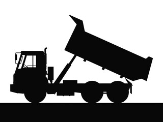 Vector art of silhouette of a dump truck with raised bed, a heavyduty vehicle used in construction for transporting materials
