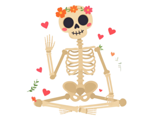 Adorable Cartoon Skeleton with Big Smile Sitting and Waving PNG