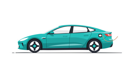 Fototapeta premium Sleek Turquoise Electric Car Illustration with Charging Cable on White Background
