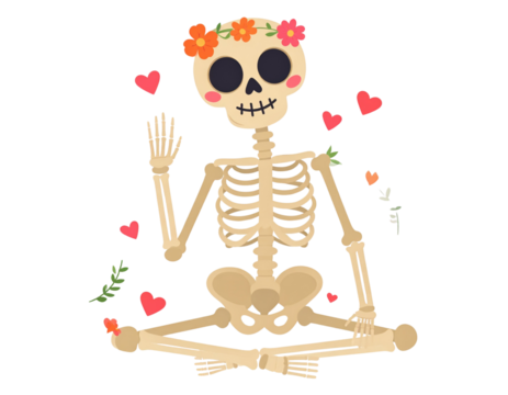 Adorable Cartoon Skeleton with Big Smile Sitting and Waving PNG