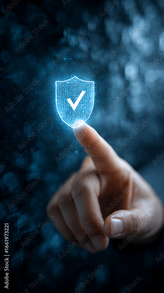 Aufkleber finger touching a glowing blue shield icon with a checkmark on a dark bokeh background security prot
