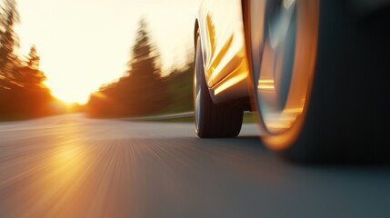 Dynamic View of Car Wheel in Motion at Sunset on Open Road with Blurred Background Effect