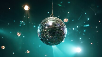Fototapeta premium Shimmering disco ball suspended in mid-air illuminating a dark space with soft teal lights during a lively dance event.