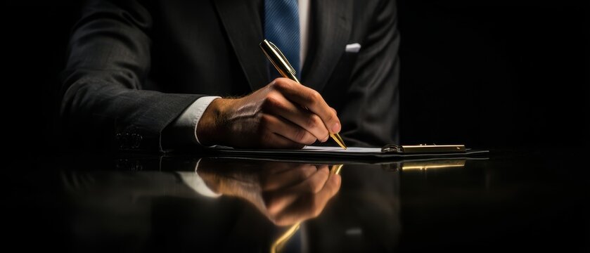 The elegant hand signing a document with a pen in a dark office setting.