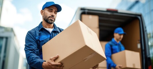 The dedicated workers loading boxes into a delivery van in an urban setting.