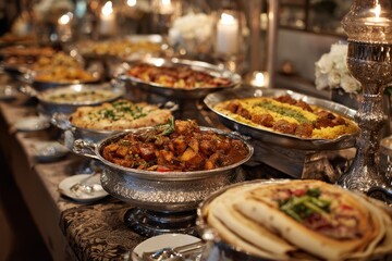 Obraz premium Buffet featuring an array of traditional dishes at a lively celebration with elegant decor in the evening