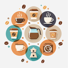 Minimalist coffee icon set in flat vector style with mugs, beans, espresso, cappuccino, and takeaway cups. Modern clean line illustration perfect for cafe branding, menu, and packaging design.