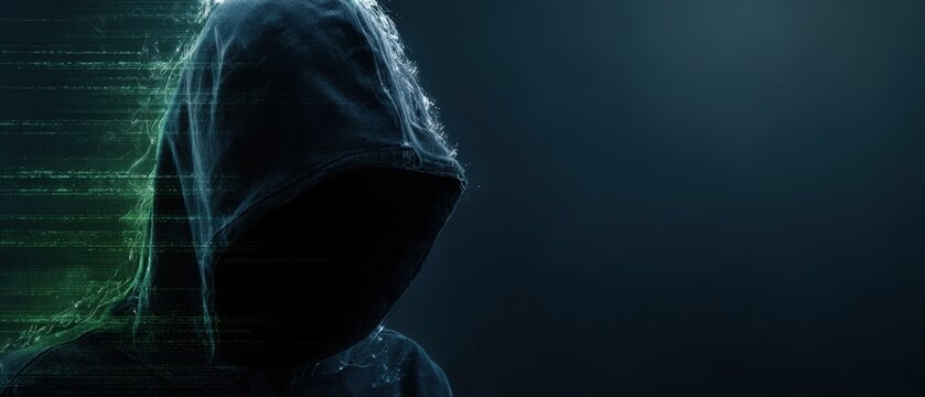 The enigmatic figure in a hoodie representing digital anonymity and underlying threats. - Powered by Adobe