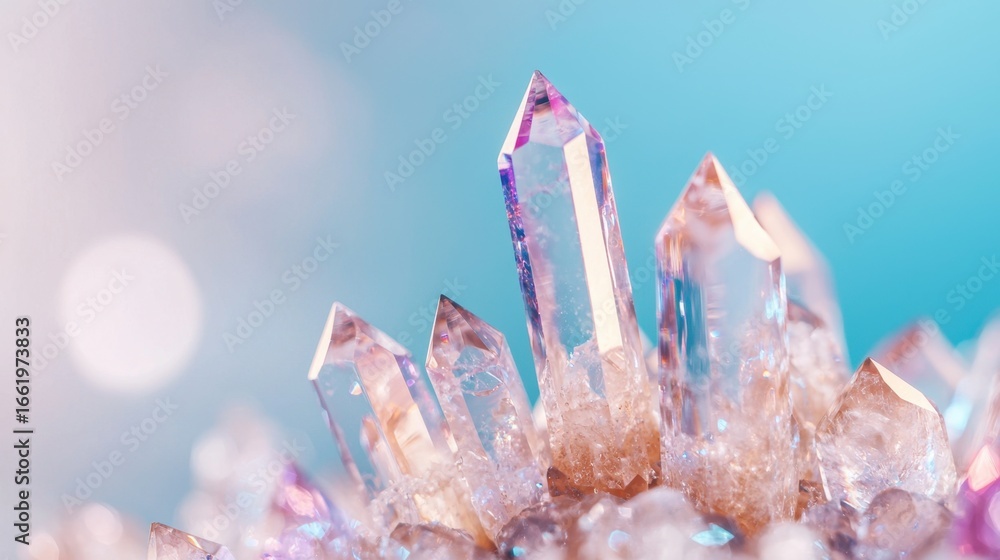Poster beautiful close-up of multicolored quartz crystals with soft colorful background and eye-catching sp