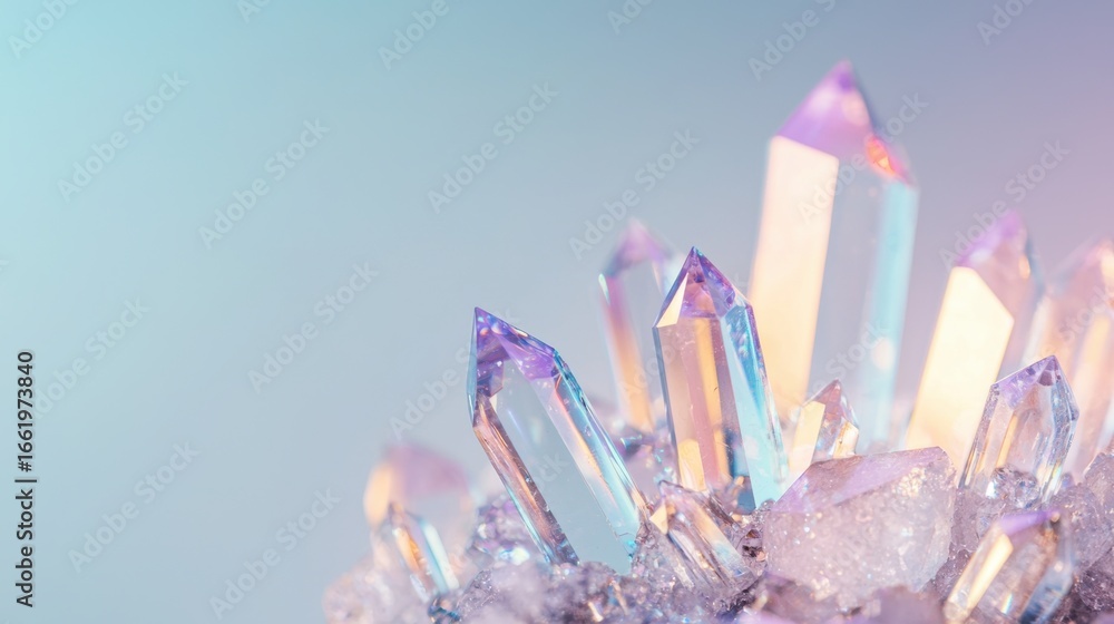 Poster beautiful iridescent crystals on a soft gradient background with delicate light reflections and spar