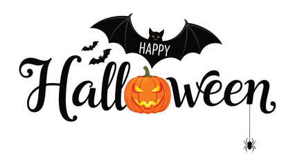 Spooky Halloween Celebration: A vibrant Halloween illustration, with the words Happy Halloween artfully intertwined with a carved pumpkin and bat.
