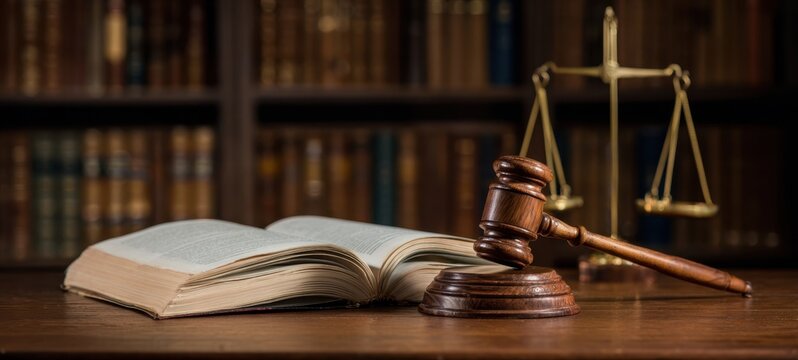 The gavel, scales, and law book symbolize justice and legal practice in a courtroom setting. - Powered by Adobe