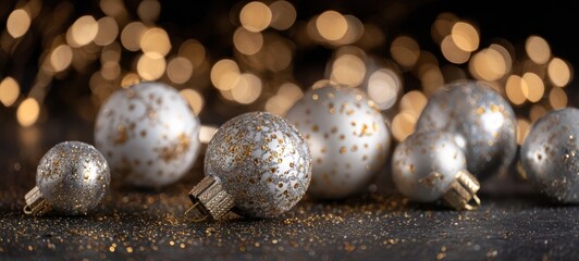 Naklejka premium The sparkling silver ornaments shining on a festive holiday background
