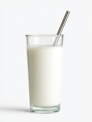 A tall glass of milk with a slender, reusable metal straw sits in a bright studio setting against a stark white background