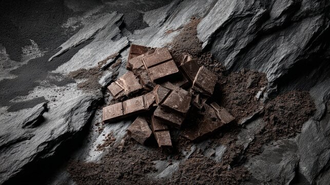 Rich dark chocolate pieces with ground cocoa on slate surface