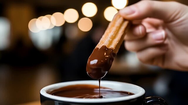 Close-up of a hand dipping a traditional churro into a cup of thick hot chocolate