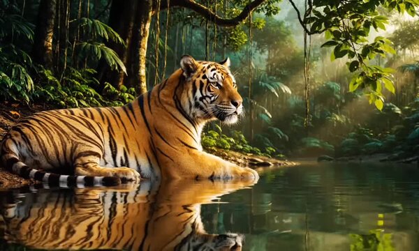 Majestic tiger rests peacefully by a tranquil body of water, surrounded by lush forest vegetation.
