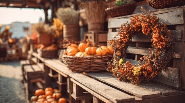 Cozy autumn market with pumpkins seasonal vegetables and warm colors - Powered by Adobe