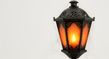 Ornate Vintage Street Lamp with Warm Glow on White Background, Classic Architectural Lighting Fixture