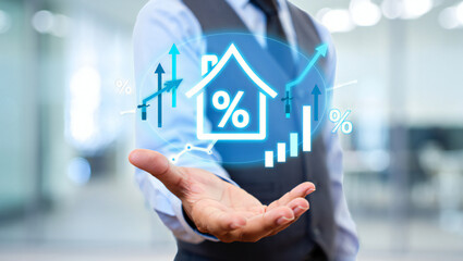 Real Estate Market Growth Visualization with Interest Rates and Property Value Increase Projected in Hand of Business Person Optimistic View for Investors and Homeowners