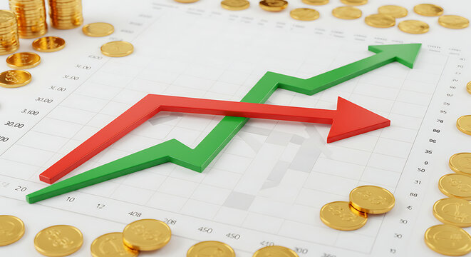 Conceptual chart on a white background, with golden coins around and red and green arrows crossing in opposite directions