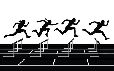 Vector art of silhouetted athletes jumping over hurdles on a track, showcasing the energy and determination of sports