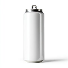 A tall, sleek, blank white aluminum can with a silver pull-tab top, cast shadow on white background