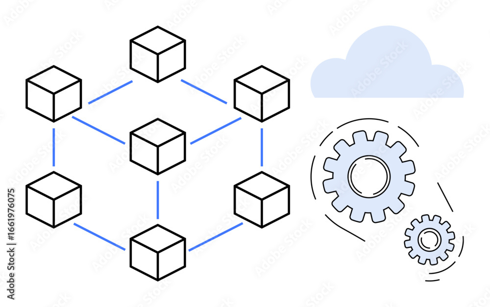 Poster interconnected blocks form a blockchain network linked to cloud computing and gears, symbolizing dat