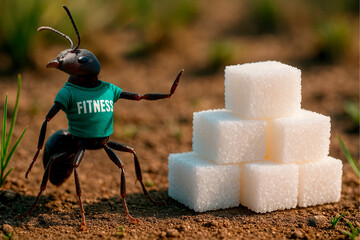 A humorous ant wearing a fitness shirt, gesturing near a stack of sugar cubes, symbolizing strength, health, and determination in a creative concept.