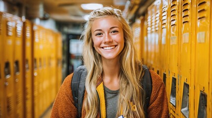 Smiling student with backpack standing in school hallway lined with yellow lockers in bright and cheerful atmosphere