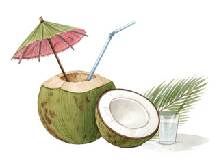 Fresh green coconut drink with straw and umbrella