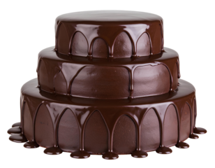Mouth-watering 3-tier dark chocolate dripping tall cake isolated on a transparent background.