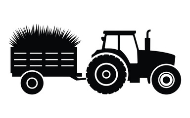 Vector art of silhouette of a tractor with a trailer full of hay